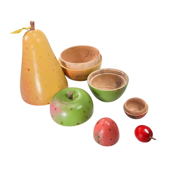 Vintage Wood Hand Painted Nesting Fruit Set Pear Apple Strawberry Cherry - Picture 1 of 15